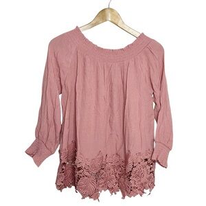 Boho Rose Pink Peasant Blouse She + Sky S Eyelet Cutouts Oversized Crepe Finish
